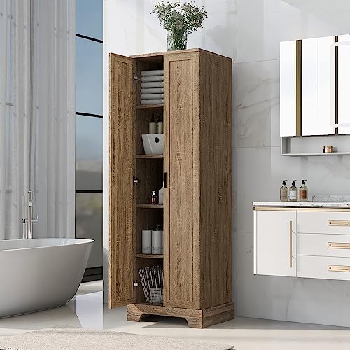 JIVOIT Storage Cabinet with Two Doors and Adjustable Shelf, Multi-Functional Floor Storage Cabinet for Bathroom, MDF Board with Painted Finish (Brown 018) - color: Brown 018