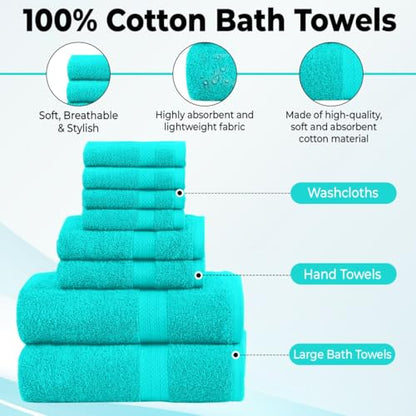 QUBA LINEN Pack of 8 Towels Set, 2 Large Bath Towels, 2 Hand Towels, 4 Wash Cloths, 100% Cotton, Lighter Weight, Quicker to Dry, Super Absorbent, Perfect for Bathroom (Aqua) - color: Aqua