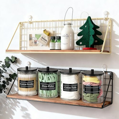 4 Pack 10 oz Acrylic Qtip Holder with Labels Dispenser- Bathroom Small Clear Plastic Canister Apothecary Jar Set Essentials Accessories Decor, Vanity Storage Organizer