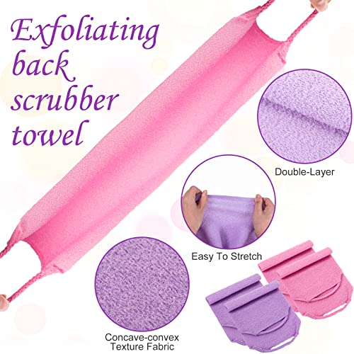 Moukeren Exfoliating Back Scrubber with Handles 4 Pack Nylon Back Exfoliator Extended Length Washers Scrubbers Stretchable Pull Strap Exfoliating Washcloth(Pink, Purple) - color: Pink, Purple