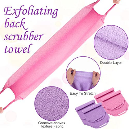 Moukeren Exfoliating Back Scrubber with Handles 4 Pack Nylon Back Exfoliator Extended Length Washers Scrubbers Stretchable Pull Strap Exfoliating Washcloth(Pink, Purple) - color: Pink, Purple