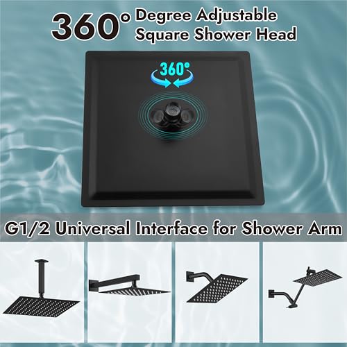 Midanya Square Rain Shower Head,High Pressure,Matte Black 16 Inch | 360°Swivel,Ceiling or Wall Mount,Waterfall Full Body Coverage,Bathroom Remodel,Stainless Steel Large Rainfall Shower Head - color: Black, size: 16 Inch