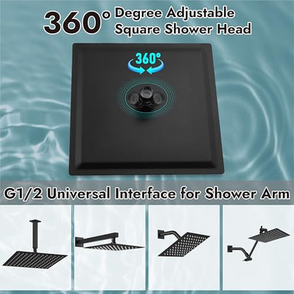 Midanya Square Rain Shower Head,High Pressure,Matte Black 16 Inch | 360°Swivel,Ceiling or Wall Mount,Waterfall Full Body Coverage,Bathroom Remodel,Stainless Steel Large Rainfall Shower Head - color: Black, size: 16 Inch