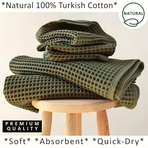 PÜSKÜL Natural 100% Turkish Cotton Waffle Towels Set of 4-Piece Khaki Green | 2-Bath sheet (Extra-large 32x63") and 2-Hand towel (Large 32x16"). Premium honeycomb-waffle weave, oeko-tex made in Turkiye. - color: Khaki Green