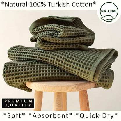 PÜSKÜL Natural 100% Turkish Cotton Waffle Towels Set of 4-Piece Khaki Green | 2-Bath sheet (Extra-large 32x63") and 2-Hand towel (Large 32x16"). Premium honeycomb-waffle weave, oeko-tex made in Turkiye. - color: Khaki Green