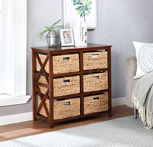 3 Tier X-Side End Storage Cabinet, Walnut | 6 Wicker Baskets - color: Walnut, size: 15.5"D x 29.3"W x 30"H (6 Drawers)