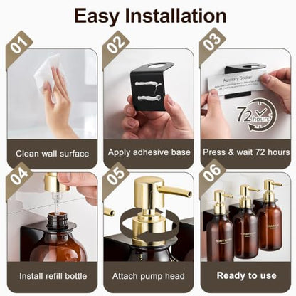 Amber Shampoo and Conditioner Dispenser Set of 3 | Gold Pumps, 16.9 oz Refillable Bottles, No-Drill Wall Mount, For Bathrooms, Hotels and Airbnbs - color: Dark Amber + Gold Pump