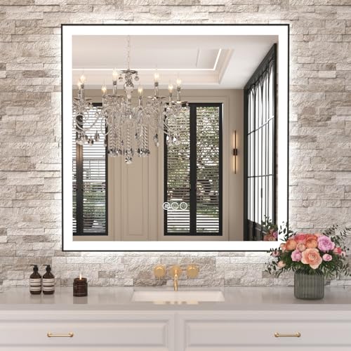Amorho 36"x36" LED Bathroom Mirror, Frontlit&Backlit, Controlled Separately | Black Metal Frame, Stepless Dimmable, Anti-Fog, HD Reflection, Shatter-Proof, 3 Colors Lighting, Memory, UL Listed - color: Front and Backlit With Frame(separate Dimming), size: