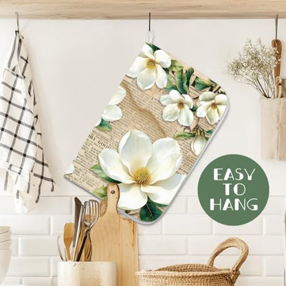 1Pc White Magnolia Dish Drying Mat 23.6 X 17.7 Inch/60 X 45 Cm Vintage Floral Dishes Drainer Mat Magnolia Absorbent Draining Pad Heat Resistant Coffee Bar Counter Mat With Hanging Loop - style: Vintage magnolia