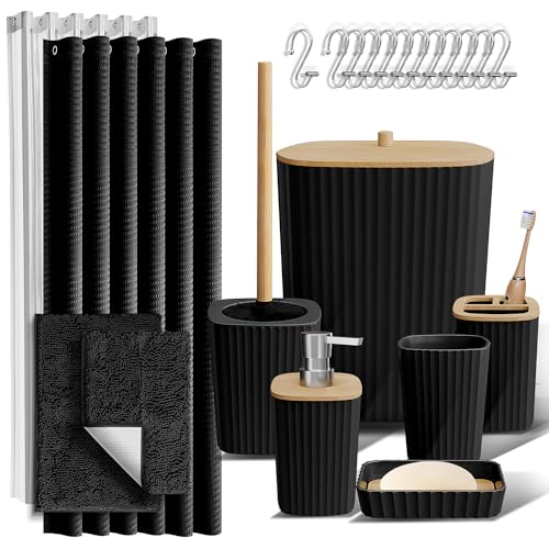 Clara Clark Black Bathroom Set, Bathroom Sets with Shower Curtain and Rugs | 22 Piece Bathroom Accessories Set with Toothbrush Holder, Soap Dispenser, Soap Dish, Toilet Brush, and Bathroom Trash Can - color: Black, size: Complete Set + Bath Rugs