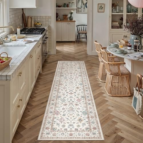 2'6"x8' Colorful Retro Floral Washable Runner Rug for Hallway | Low Pile, Non Slip, Retro Style, Soft Distressed Hallway Runner Rug for Kitchen, Entryway, Laundry Room, Home Decor - color: Colorful, size: 2'6" x 8' (Runner)