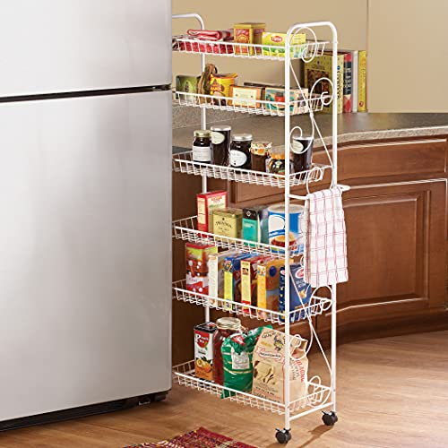 Collections Etc Slim Rolling Pantry 6-Tier Shelf, White Metal with Elegant Scroll Design Accent - Extra Kitchen and Bathroom Storage, 10" - size: 10"
