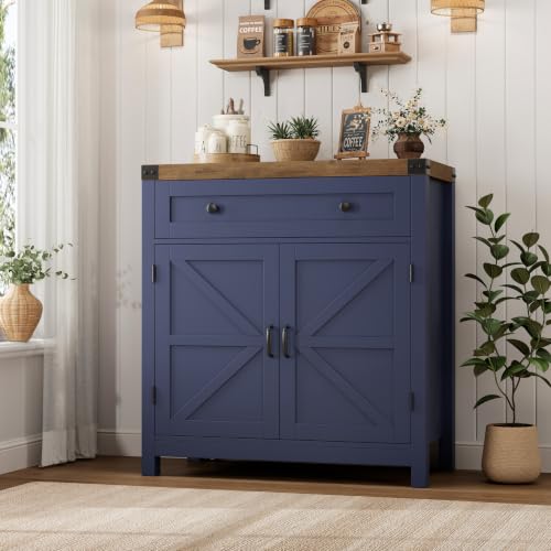 HOSTACK Kitchen Storage Cabinet, Farmhouse Coffee Bar Cabinet, Blue/Brown | Small Buffet Cabinet with Doors & Wide Drawer, Wood Sideboard Buffet, Entry Table w/ Adjustable Shelf for Dining Living Room - color: Blue / Rustic Brown