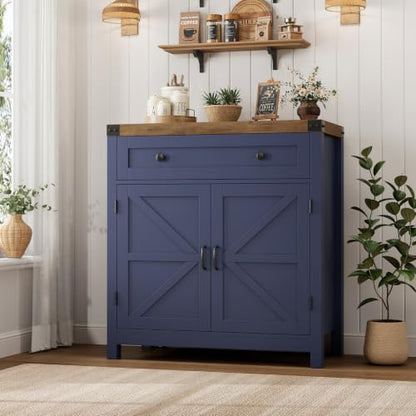 HOSTACK Kitchen Storage Cabinet, Farmhouse Coffee Bar Cabinet, Blue/Brown | Small Buffet Cabinet with Doors & Wide Drawer, Wood Sideboard Buffet, Entry Table w/ Adjustable Shelf for Dining Living Room - color: Blue / Rustic Brown