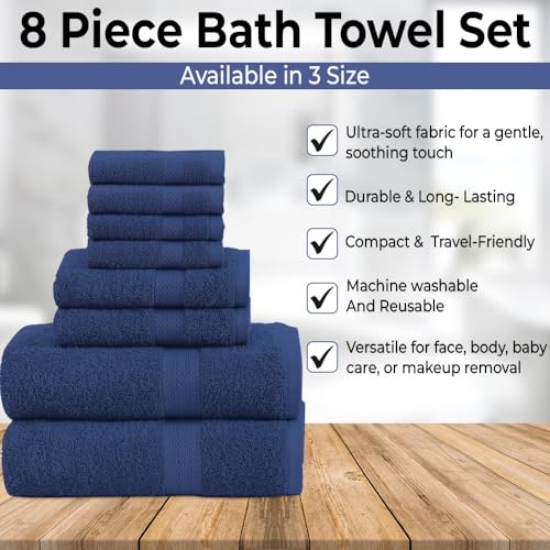 QUBA LINEN Pack of 8 Towels Set, 2 Large Bath Towels, 2 Hand Towels, 4 Wash Cloths, 100% Cotton, Lighter Weight, Quicker to Dry, Super Absorbent, Perfect for Bathroom (Navy) - color: Navy