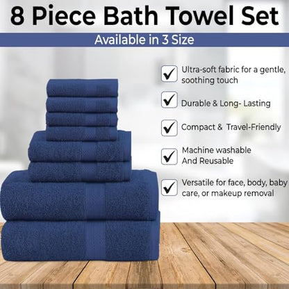 QUBA LINEN Pack of 8 Towels Set, 2 Large Bath Towels, 2 Hand Towels, 4 Wash Cloths, 100% Cotton, Lighter Weight, Quicker to Dry, Super Absorbent, Perfect for Bathroom (Navy) - color: Navy