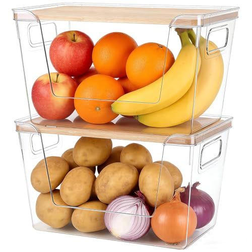 2 Set Potato And Onion Storage Bins with Bamboo Lid, Clear | Stackable Pantry Organizers And Storage, Front Open Fruit And Vegetable Storage, Kitchen Counter Storage, Fruit Basket - size: 2 Pack