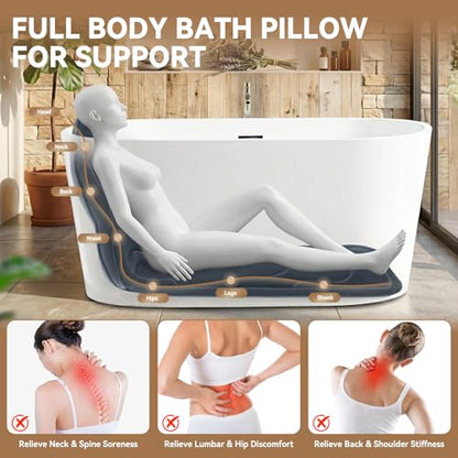 Poemland Bath Pillow for Tub, Extra Thick Full Body Bath Pillow | Head & Neck Support, 5D Mesh Breathable Spa Cushion, 144 Non-Slip Suction Cups, Quick Dry for Home Spa Relaxation, Grey