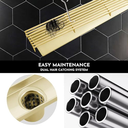 Linear Shower Drain, 24 inch Brushed Gold | Including Hair Catcher and Removable Grate, 304 Stainless Steel, Easy to Install and Clean (Drain Base Not Included) - color: Brushed Gold, size: 24 inch