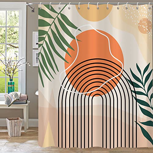 Boho Abstract Mid Century Shower Curtain Set - Geometric Leaves Neutral Modern - Green Plant Eucalyptus - Arch Sun Bathroom Curtain - 72x72 Inch - color: Boho Sun, size: 72"W x 72"L (Pack of 1)