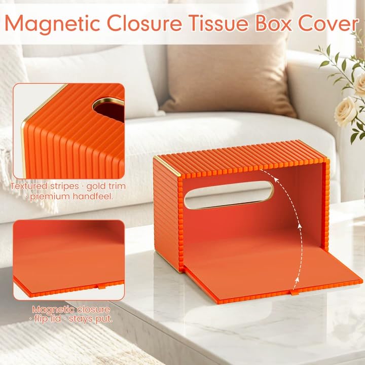 Bathroom Trash Can with Lid and Tissue Box Cover Set 13 L/ 3.5 Gallon Orange and White Trash Can with Pop-Up Lid Small Garbage Can with for Bathroom Bedroom Office Kitchen - color: Orange & Gold