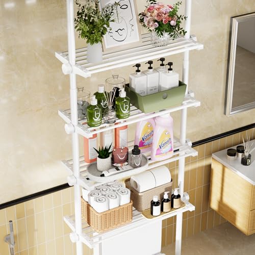 Bonpally Over The Toilet Storage Shelf, 4-Tier Adjustable Bathroom Organizer, No Drill Tension Mounted Shelves Metal, Space-Saving Bathroom Cabinet Rack Above Toilet for Small Bathroom Rooms, White - color: White