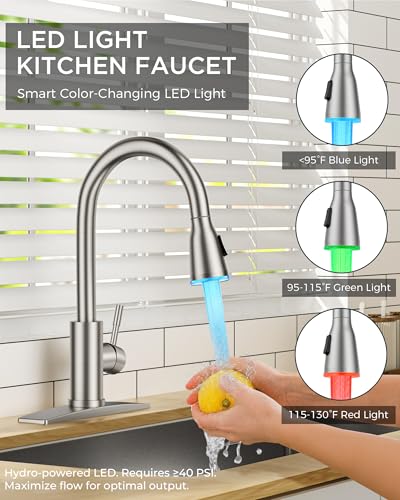 FORIOUS Kitchen Faucet with LED Light Sprayer, Single Hole, Brushed Nickel | Stainless Steel LED Sink Faucet with Pull Down Sprayer, High Arc Single Handle, Suitable for Farmhouse Laundry Camper Rv Bar - color: Stainless Steel
