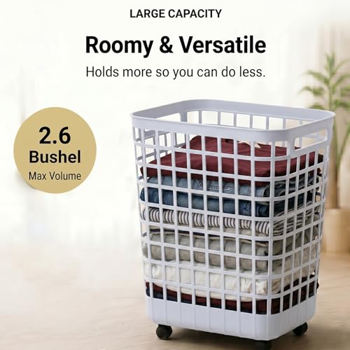 Heavy Duty Rolling Laundry Hamper with Wheels - 2.6 Bushel (90L+) Large Plastic Laundry Basket, Tall Ventilated Dirty Clothes Organizer for Bedroom, Bathroom & Dorm Room, No Assembly Required (White) - size: White