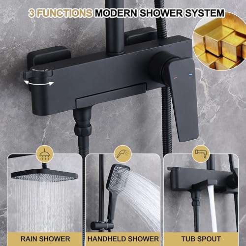 Shower Systems with 12 x8 Inches Rain Shower Head, Matte Black Exposed Pipe Shower System,3 Functions Tub Shower Faucet Sets,Overhead Shower System with Handheld - color: A- Matte Black with Square Shower Head