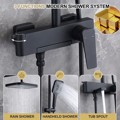Shower Systems with 12 x8 Inches Rain Shower Head, Matte Black Exposed Pipe Shower System,3 Functions Tub Shower Faucet Sets,Overhead Shower System with Handheld - color: A- Matte Black with Square Shower Head