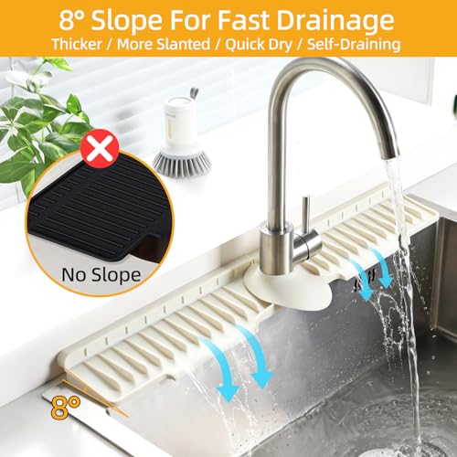24" Silicone Sink Mat for Kitchen(Released in 2026), 2 PCS Beige | 8° Slope for Quick Self-draining, Sink Splash Guard Behind the Faucet, Narrow Water Splash Guard, for Kitchen&Bathroom Area - color: Beige