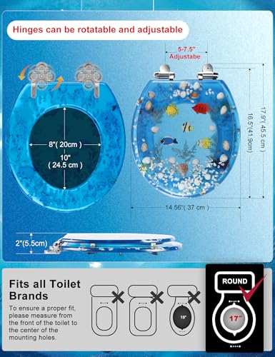 Angol Shiold ROUND Ocean Resin Toilet Seat Soft Close 16.5" | Quick Release Heavy Duty Acrylic Decorative Toilet Seats Easy to Install&Clean (3D Blue Ocean Fish) - color: Transparent Blue Ocean Fish