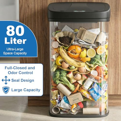 22 Gallon/80 Liter Kitchen Trash Can Motion-Sensor Garbage Can with Lid | Automatic Mute Waste Bin Waterproof Wastebasket for Office,Caravans,Bedroom'Bathroom,Stainless Steel
