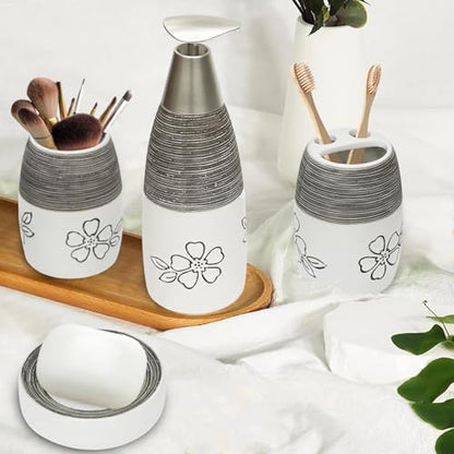 CERBIOR Bathroom Accessories Set,4 PCS Ceramic Bath Accessory,White Flower | Includes Toothbrush Holder, Toothbrush Cup, Soap Dish for Decorative Countertop and Housewarming Gift - style: White-Flower