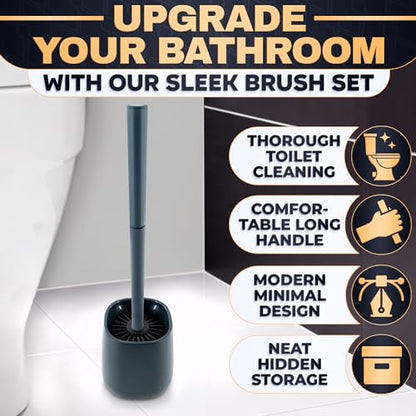 Toilet Brush and Holder, Silicone and Plastic (Grey) | Toilet Brush and Plunger Set, Easy to Place and Simple to Store After Use, Compact Bath Accessory for Small Spaces - color: Gray