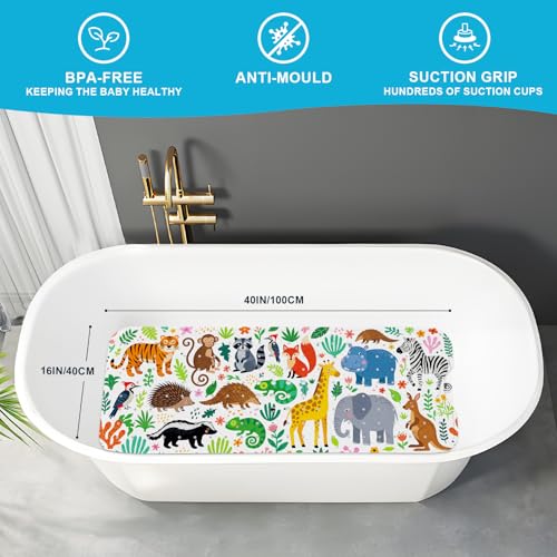 Baby Bath Mat for Tub Non Slip Kids, BPA Free Extra Long Bathtub Mat 40x16 with Drain Holes and 200 Suction Cups, Non Toxic Machine Washable Toddler Bath Mat, Eco-Friendly Certified - color: O-blue Hippopotamus