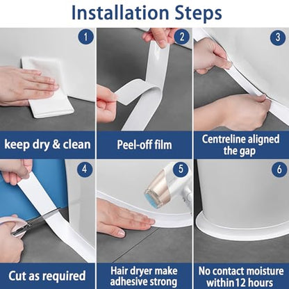Caulk Tape Waterproof Self Adhesive, No Mess, No Tools Toilet Caulk Tape | Quick & Easy to Install in Minutes, Strong Adhesive, Floor Wall Edge Protector, Traditional Caulking Replacement