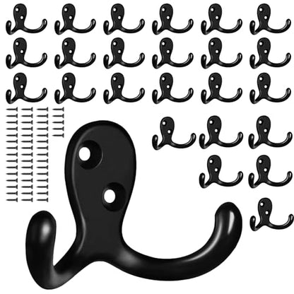 25 Pack Coat Hooks Wall Hooks for Hanging, Heavy Duty Double Prong Metal Hook Wall Mounted for Living Room, Bathroom, Kitchen, Bedroom for Coat, Bag, Scarf, Towel, Hat, Key, Cup (Black) - color: Black-25pack