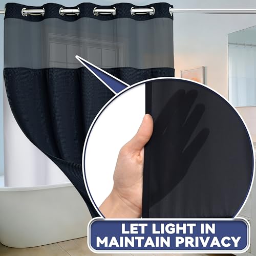 Conbo Mio No Hook Waffle Weave Shower Curtain with Snap in Liner Set, Hotel Luxury Black Shower Curtains for Bathroom with See Through Top Window, Waterproof, Washable 71W x 74H - color: Waffle-black, size: 71"W x 74"L (Pack of 1)