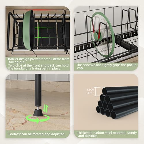 Expandable Under Sink Organizer，Pot and pan Organizer Under Cabinet | Pan Lid Organizer,Expandable Storage shelf with 2 Pan Racks（14 Dividers）and 4 Removable Panels,Adjustable partition height - size: Multi-functional with 2 pot holders