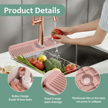 24 Inch Upgraded Draining Mat Folding faucet Mat for Bathroom Sink Splash Guard 7° Slope with Button Lock Water Draining Pad for Kitchen Bathroom Bar(Pink) - color: Pink