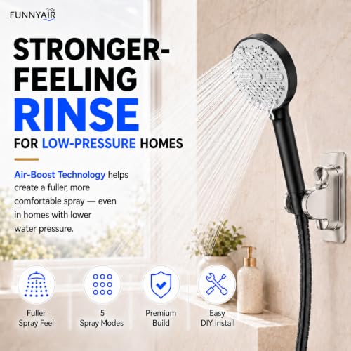 High Pressure Shower Head, Stick-on Low Mount Wall Bracket, Black | 5 Spray Modes, Water-Saving, 360° Adjustable Bracket, For Low Water Pressure Home, RV, Bathroom, Fix Firmly Kid-Friendly - color: Black