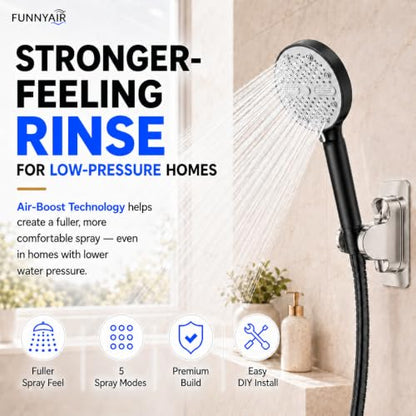 High Pressure Shower Head, Stick-on Low Mount Wall Bracket, Black | 5 Spray Modes, Water-Saving, 360° Adjustable Bracket, For Low Water Pressure Home, RV, Bathroom, Fix Firmly Kid-Friendly - color: Black