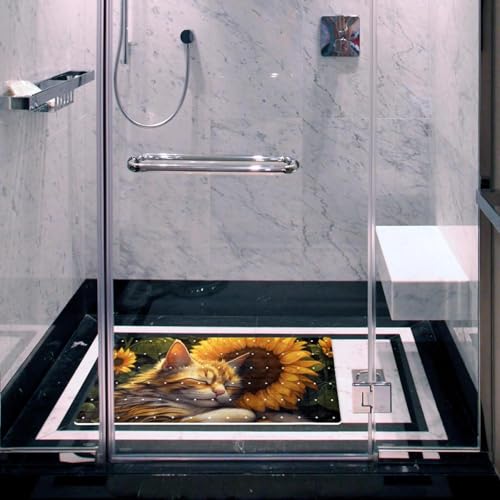 Bathtub Mat Non Slip 26.8x15.1 Inch, Cat Sunflower Shower Mat with Suction Cups and Drain Holes, Machine Washable Shower Mats for Inside Shower - color: Multi 1