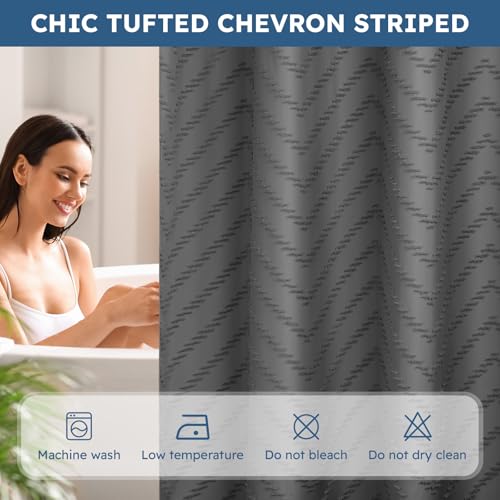 FADOTY Grey No Hook Shower Curtain Set with Snap in Liner, 71'' x 74'' | Bathroom Hotel Fabric Curtain, Waterproof Washable Liner, See Through Top Window, Ringless Chevron Tufted Cloth Curtain - color: Grey, size: 71"W x 74"L (Pack of 1)