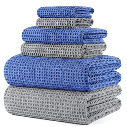 POLYTE 430 GSM Poly Blend Microfiber Quick Dry Waffle Bath Towel Set of 6 | 2-Body Towels, 2-Hand Towels, 2-Wash cloths, Oversize, Lint Free - color: Light Gray,royal Blue