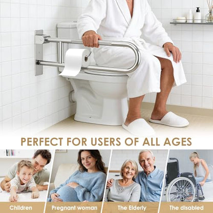 Toilet Grab Bar Support Rail 23.6 Inch, Anti-Slip Knurled Handicap Bathroom Safety Handrails U Shaped Flip-Up with Paper Holder for Elderly Disabled Pregnant, 304 Stainless Steel - size: 23.6in