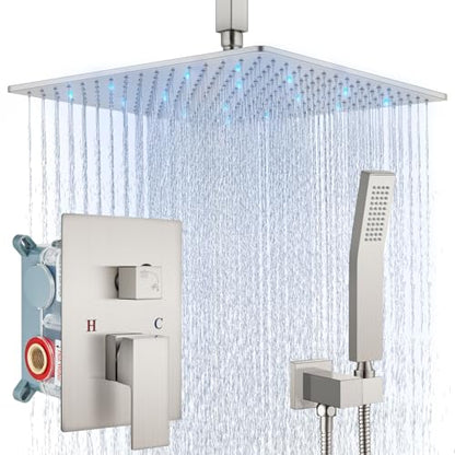 Aolemi Ceiling Shower Faucet Set with Handheld 16" LED Head Brushed Nickel | Handheld Spray,16 Inch Rain LED Head,Shower Valve and Trim Kit,All Metal,Ceiling System,Bathroom Mixer - color: Nickel, size: 16 Inch LED Shower Head