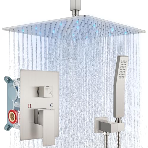 Aolemi Ceiling Shower Faucet Set with Handheld 16" LED Head Brushed Nickel | Handheld Spray,16 Inch Rain LED Head,Shower Valve and Trim Kit,All Metal,Ceiling System,Bathroom Mixer - color: Nickel, size: 16 Inch LED Shower Head