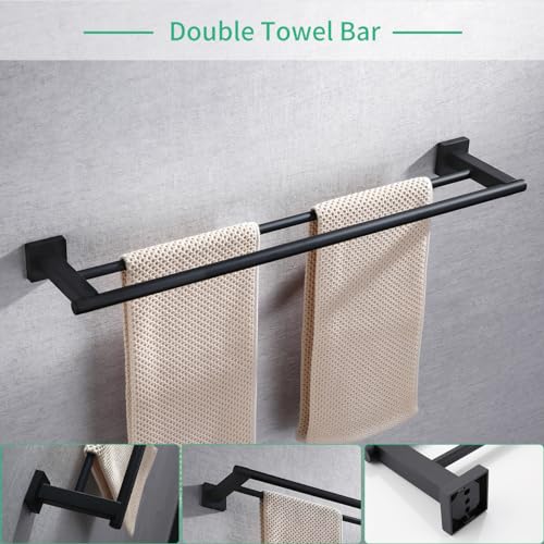 Miyili Matte Black 4-Piece Bathroom Hardware Kit Set Stainless Steel Wall Mount - Includes Double Towel Bar, Hand Towel Rack, Toilet Paper Holder, Robe Hook, BS02B4 - color: Matte Black